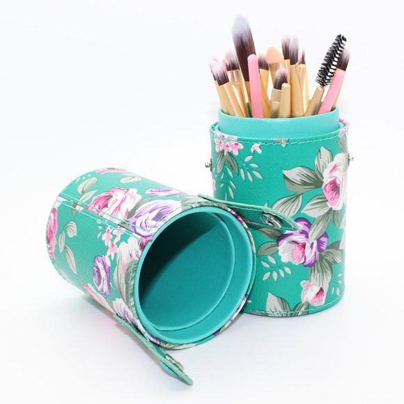 Cylinder Brush Holder Travel Organizer Faux Leather Green Floral Case - Picture 3 of 3